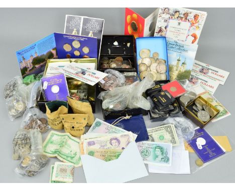 A SELECTION OF COINS AND BANKNOTES, to include 1983 year sets, carded 1983 one pound coins, I.O.M. Coins, silver coins from C