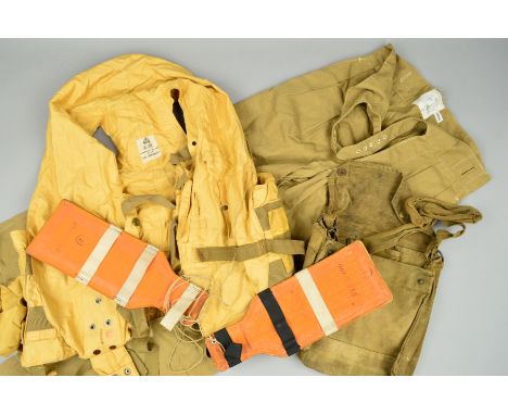 A BOX CONTAINING VARIOUS MILITARY INTEREST ITEMS, to include an Air Ministry yellow coloured flight vest, all buckles and str