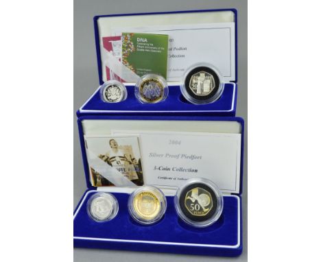 A 2004 SILVER PIEDFORT PROOF THREE COIN SET, together with a 2003 silver Piedfort three coin set with certificates of authent