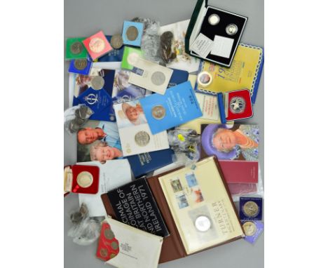 A BOX OF UK COINAGE, medallic and coin cover year sets, to include 7 five pound coins, some in celebration cards, 2000 and 20