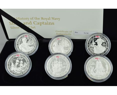 A GUERNSEY ROYAL MINT BOXED HISTORY OF THE ROYAL NAVY SHIPS AND CAPTAINS SIX COIN SILVER PROOF SET, in original Royal Mint pa