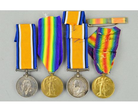 TWO PAIRS OF WWI BRITISH WAR & VICTORY MEDALS, with a BWM/Vic ribbon bar, the medals are named to 52348 Cpl A.E. Hodgetts, Wo