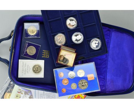 A BLUE CASE CONTAINING THREE ROYAL MINT GIBRALTAR SILVER PROOFS, a 1980 silver proof Queen Mother Crown, five pound coin, com