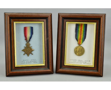 TWO SMALL GLAZED FRAMES CONTAINING WWI 1914-15 STAR, frame states its named to 10871 Pte A.E. Remnant, East Surrey Regiment a