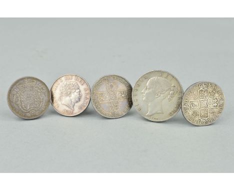 A SMALL GROUP OF SILVER COINS, to include Anne halfcrown 1712 undercimo edge, George II halfcrown Lima, a George III 1817 hal