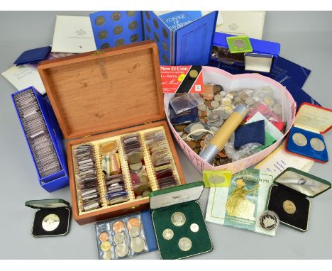A LARGE BOX OF ASSORTED COINS, Whitman folders containing silver coins, to include a wooden box with Roman coins, mixed ages 