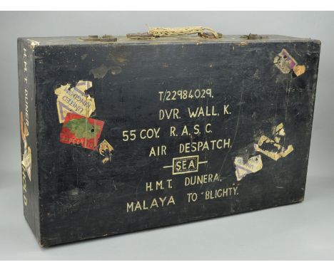 A LARGE WOODEN HANDMADE CAMPAIGN CHEST, with lots of history relating to the Military Service of a soldier named Ken Wall who