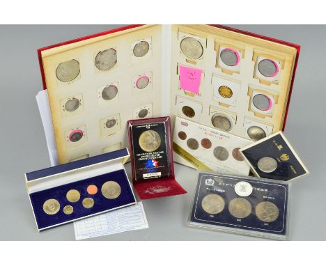 AN ALBUM MAINLY OF COINS, from Japan, Meiji silver, Italy silver Sopporo Olympics and Expo shows, with year sets of various c