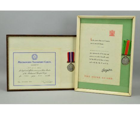 TWO FRAMES CONTAINING THE FOLLOWING WWII DEFENCE MEDAL AND SCROLL, named to John R. Rutter, 1940-1944, Home Guard and WWII Wa