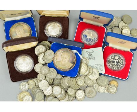 A BOX CONTAINING MAINLY SILVER COINS AND SILVER COMMEMORATIVES, to include over 800 grams of pre 1947 silver coins, two large