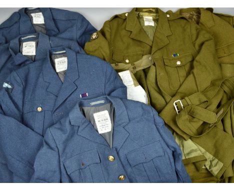 A LARGE BOX CONTAINING A NUMBER OF MILITARY UNIFORMS, etc, to include No.1 dress RAF jacket, but with Naval buttons by Compto