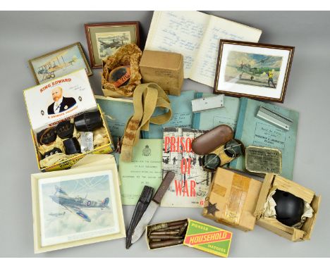 A BOX CONTAINING A NUMBER OF MILITARY/AIRCRAFT RELATED ITEMS, to include 4 x Aircraft framed prints, a Pioneer matchbox conta