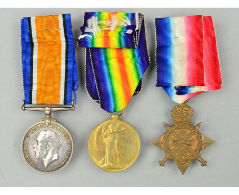WWI 1914-15 STAR TRIO OF MEDALS, named to R-10619 L/Cpl J. Swales (on star) Pte on pair