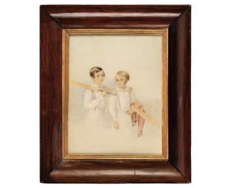 * Cricket. Young Cricketers, circa 1860, pencil and watercolour study of two boys holding cricket bats with a vignette of a c