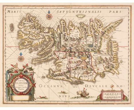 Iceland. Jansson (Jan), Tabula Islandiae Auctore Georgio Carolo Flandro, circa 1650, engraved map with contemporary hand-colo