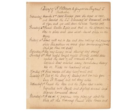 * Australia. Manuscript diary of R.C. Brewer migrating to Australia on the S.S. Cloncurry, 1885-86, 12 pp of manuscript in a 