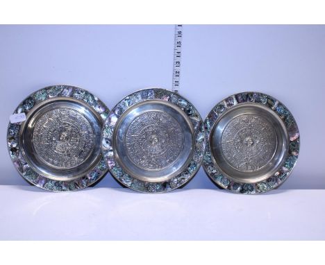 Three Mexican Alpaca Mayan Calendar plates 