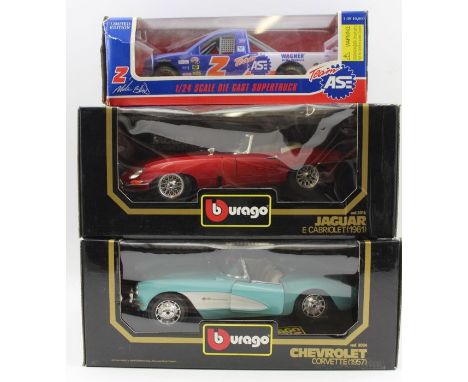 TWO BURAGO METAL MODELS MINT AND BOXED, including JAGUAR E TYPE CABRIOLET 1961 &amp; CHEVROLET CORVETTE 1957 and a limited ed