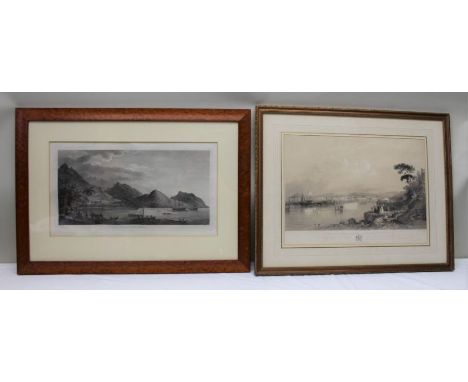 W BYRNE After J Webber ' A View of Huaheine', engraving plate, 25.5cm x 48cm, mounted in a glazed birds-eye maple frame (Huah