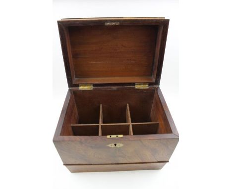 A 19th century mahogany decanter box the hinged caddy lid opens to reveal fittings for six bottles, fitted brass recessed sid