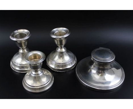 Adie Brothers, A silver capstan inkwell with clear glass liner, Birmingham 1923, the base 10cm in diameter together with a pa