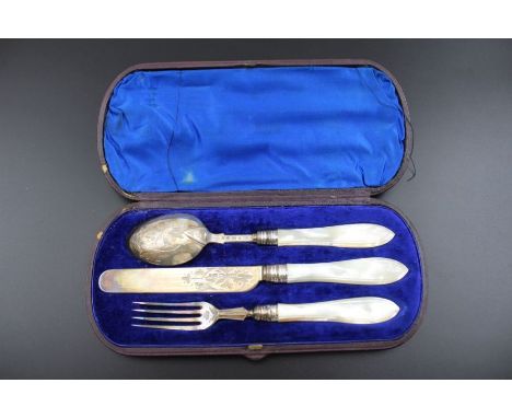 Hilliard & Thomason, A cased three piece Victorian Christening set, comprising, fork, knife, & spoon, with mother-of-pearl ha