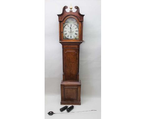 A 19th century C. Thrasher of Birmingham Oak long cased clock the hood with swan neck pediment fitted a painted arched dial w