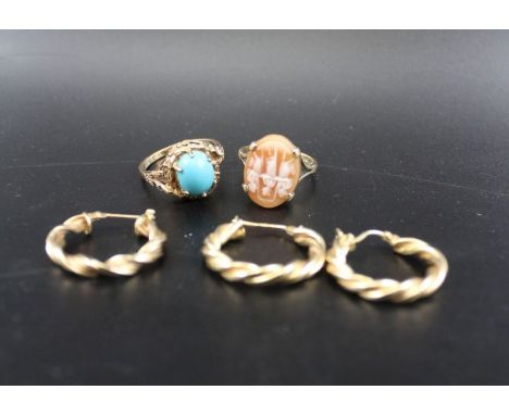 A 9ct gold ring, set three graces cameo, one other 9ct gold ring stone set, and three 9ct gold earrings, combined weight: 10g