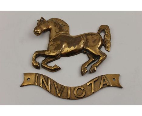A 19th century cast brass two piece steam engine name plate, comprising rearing horse and Invicta banner