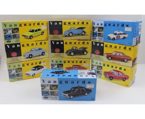 VANGUARD DIE CAST VEHICLES boxed and mint 1.43 scale, including two VW cabriolets &amp; UK saloons (10)