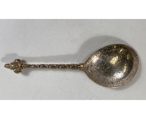 A possibly 16th century German silver anointing spoon with engraved text to basin Mein Hoffnunge ruht auf Gott Alleine (my ho