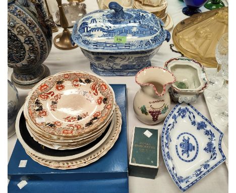 A large blue and white rectangular tureen with lid, length 35cm (chips &amp; hairlines) a smaller tureen, floral plates etc. 