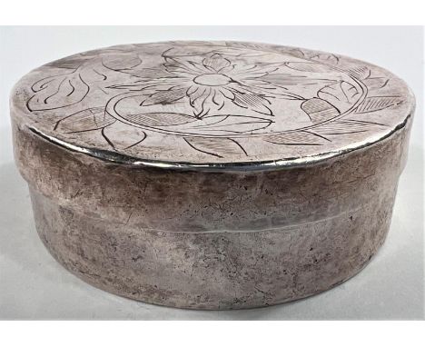 A CHARLES II circular silver snuff box of plain form, the top engraved with leaves, the base inscribed "Let vertue rule and v