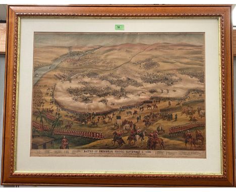 Battle of Omdurman, Friday September 2nd 1898, print, framed and glazed 52 x 71cm; A mirror framed with prints, a Stolen Duch