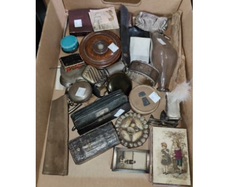 A turned wood patch box; a 19th century photo in case; other collectables 