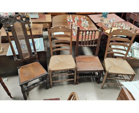 A 19th century oak 'turner's' bobbin back chair; a high back 17th century style dining chair and a pair of 19th century rush 