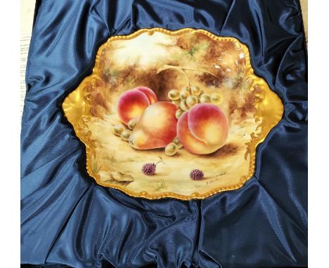A Royal Worcester hand painted "Tudor Tray" square dish of peaches, pears, grapes etc. 'Fruit Study' signed S. Wood, 28cm, bo