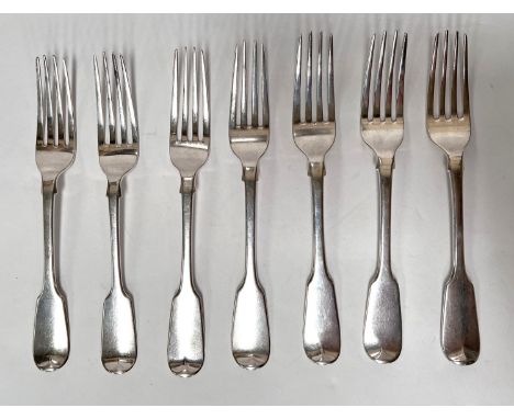 Seven late Georgian/early Victorian forks, mainly London, various dates, six monogrammed with 'R' one with crest, 10.1oz 
