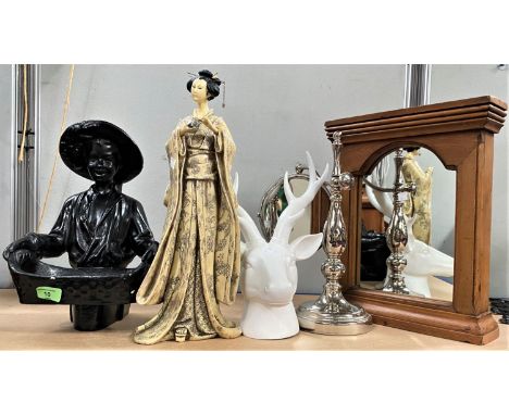 A selection of decorative items:&nbsp; a resin figure of a Japanese woman; a plaster Black Boy holding a tray; a stainless st