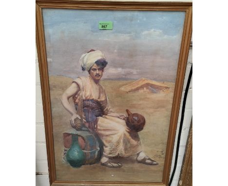 19th century portrait of a young Arab man, watercolour, unsigned, 60 x 39cm framed and glazed; water colour of a castle, fram