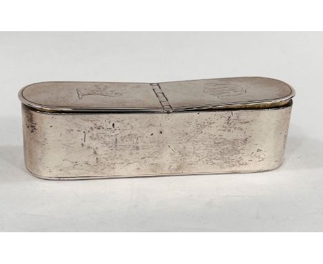 An 18th century silver snuff box, double sided with 2 hinged top sections and gilded interior, dragon crest and monogrammed, 