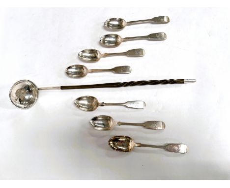 Seven hallmarked silver monogrammed dessert spoons, London 1865, Charles Boyton 4.8oz and a white metal and whale bone toddy 
