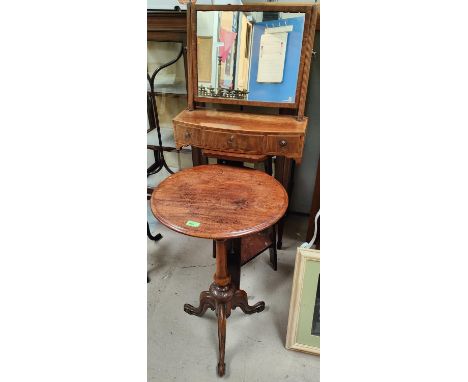 An inlaid mahogany dressing mirror with 3 drawers below and a mahogany circular pedestal tale on three knurled feet&nbsp; 