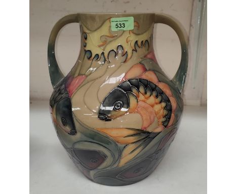 A modern Moorcroft large vase of bulbous form with 2 handles, decorated with fish against a light green ground, impressed and