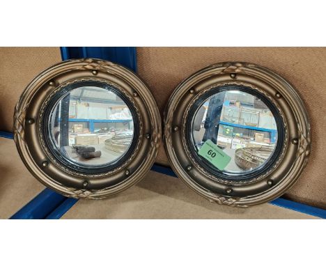 Two miniature convex gilt framed mirrors, dia 17cm and a pine mirror 