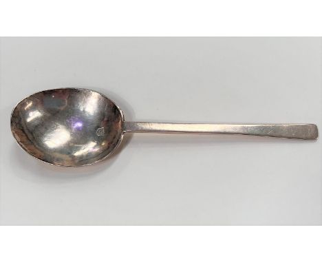 A silver Puritan / slip top spoon circa 1660's, wide bowl with tapering stem, lion head marks to bowl stem, etched initials R