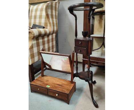 A Georgian style mahogany shaving stand, three feet, two small drawers, a mahogany dressing mirror, two jewellery drawers 