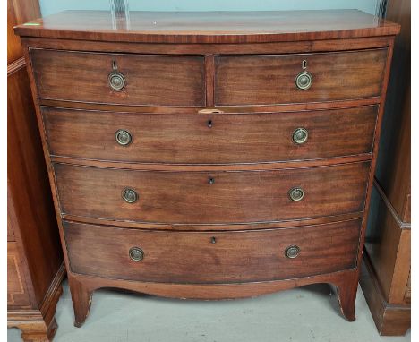 A mahogany bow front chest of 3 long and two short drawers on bracket feet, length 105cm, height 107cm 