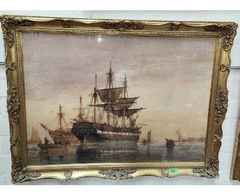 R H Nibbs:&nbsp; watercolour, partly rigged frigate with another behind, signed, 53 x 73cm, gilt framed.&nbsp;&nbsp;Foxing to