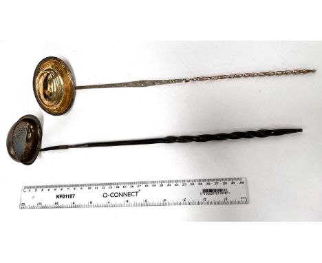 A late 18th century parcel gilt silver toddy ladle, engraved decoration to rim of bowl and handle which has a long twist term